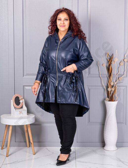 Trenci maxi din piele cu buzunare moderne-albastru inchis cod 2966-1