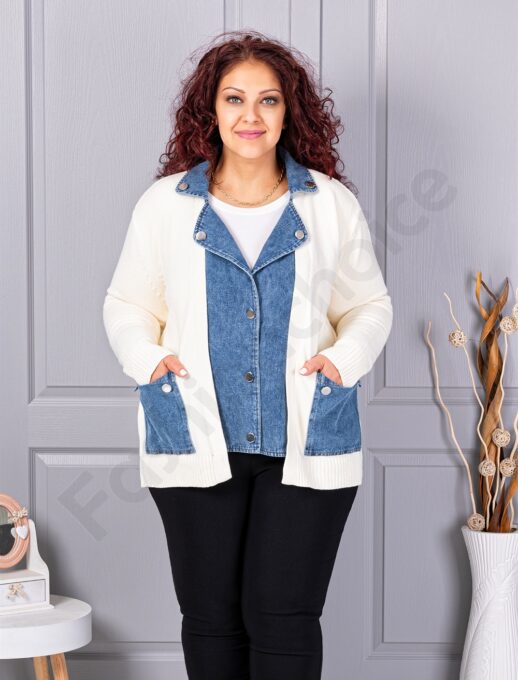 Cardigan maxi din tricot finut in combinatie cu denim-ecru cod 85788
