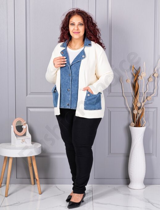 Cardigan maxi din tricot finut in combinatie cu denim-ecru cod 85788