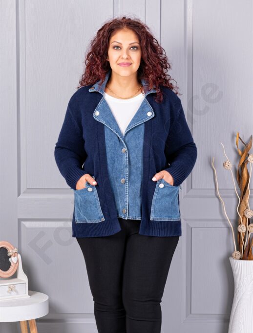 Cardigan maxi din tricot finut in combinatie cu denim-albastru cod 85788-1