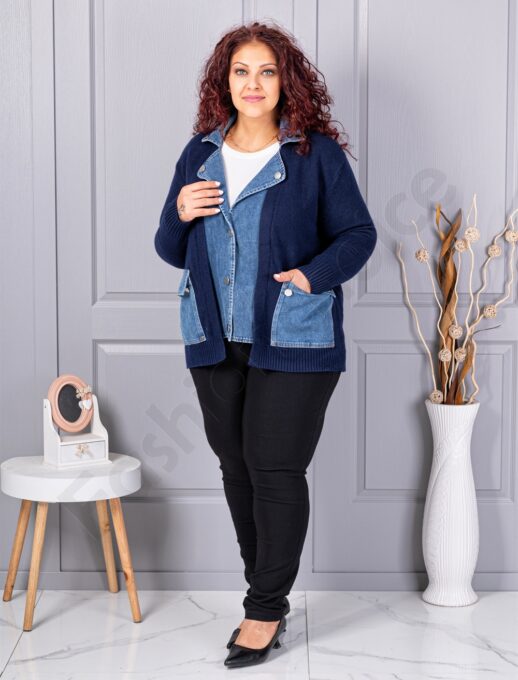 Cardigan maxi din tricot finut in combinatie cu denim-albastru cod 85788-1