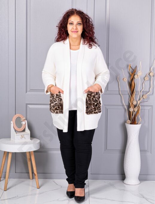 Cardigan maxi din tricot finut cu buzunare cu imprimeu animal-alb cod 2079-3