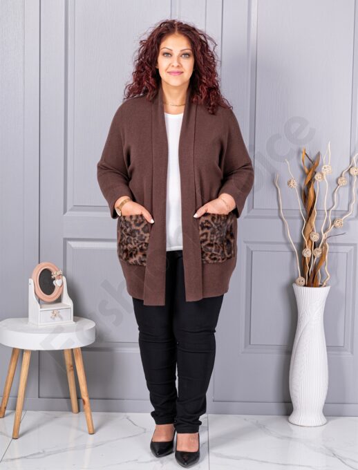 Cardigan maxi din tricot finut cu buzunare cu imprimeu animal-ciocolata cod 2079-4