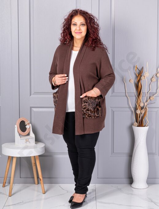 Cardigan maxi din tricot finut cu buzunare cu imprimeu animal-ciocolata cod 2079-4