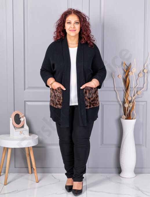 Cardigan maxi din tricot finut cu buzunare cu imprimeu animal-negru cod 2079