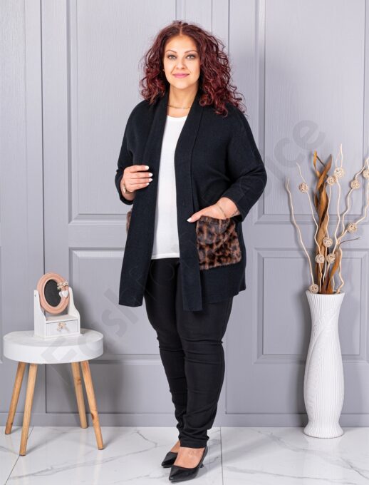 Cardigan maxi din tricot finut cu buzunare cu imprimeu animal-negru cod 2079