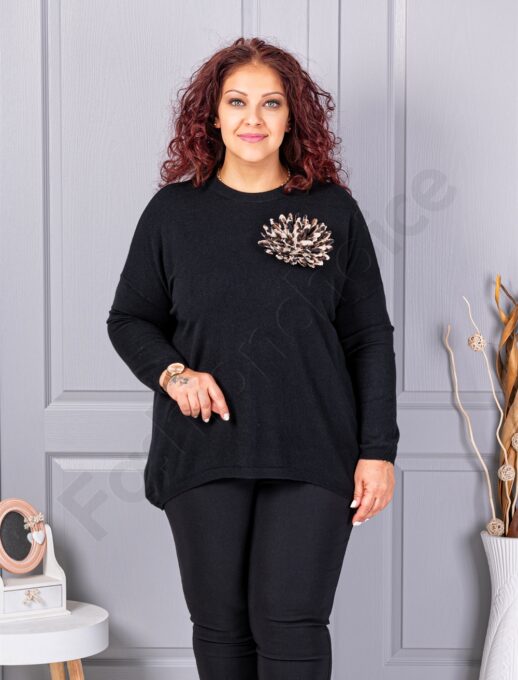 Tunica maxi din tricotaj finut cu brosa 3D-negru cod 2209