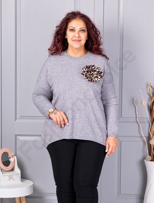 Tunica maxi din tricotaj finut cu brosa 3D-gri cod 2209-1