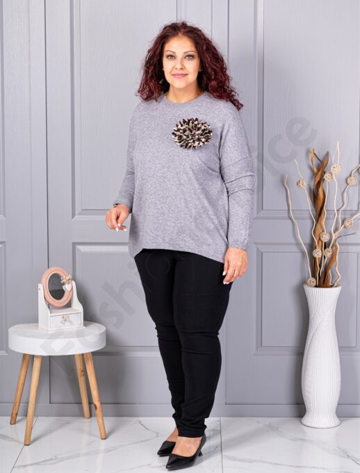 Tunica maxi din tricotaj finut cu brosa 3D-gri cod 2209-1