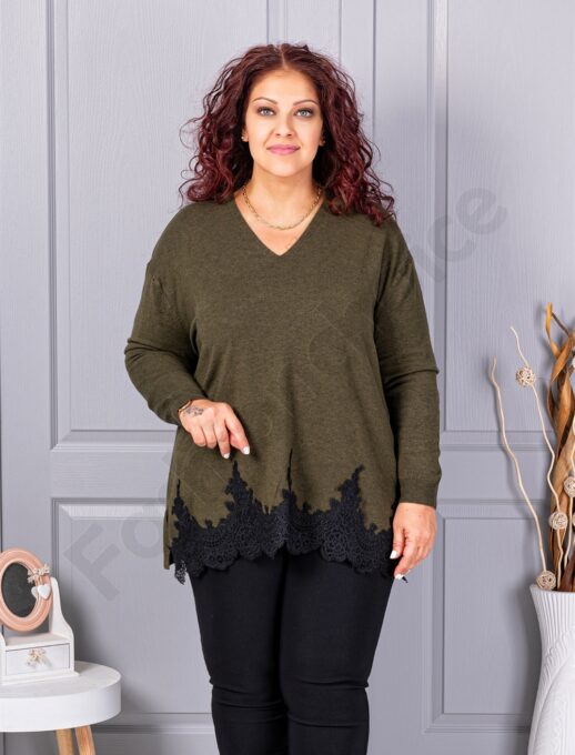 Tunica maxi din tricotaj finut cu decolteu in V si bordura din dantela bruxelles-kaki cod 8224-1