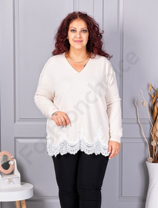 Tunica maxi din tricotaj finut cu decolteu in V si bordura din dantela bruxelles-ecru cod 8224-3