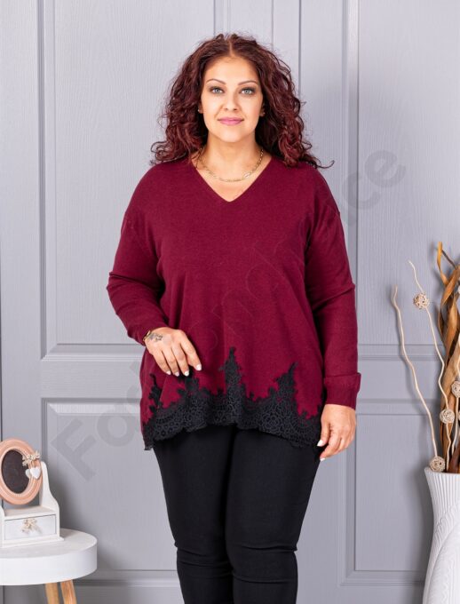 Tunica maxi din tricotaj finut cu decolteu in V si bordura din dantela bruxelles-bordo cod 8224-2