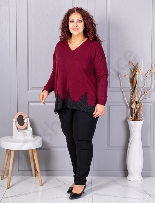 Tunica maxi din tricotaj finut cu decolteu in V si bordura din dantela bruxelles-bordo cod 8224-2