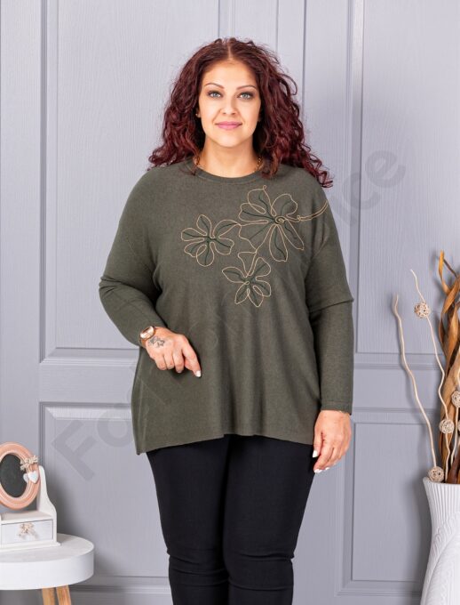 Tunica maxi din tricotaj finut cu aplicatie din margele-kaki cod 6869-3