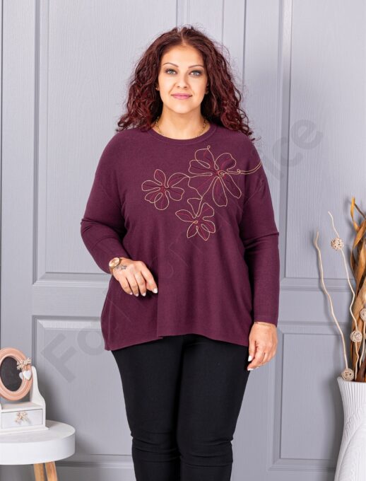 Tunica maxi din tricotaj finut cu aplicatie din margele-marsala cod 6869-1