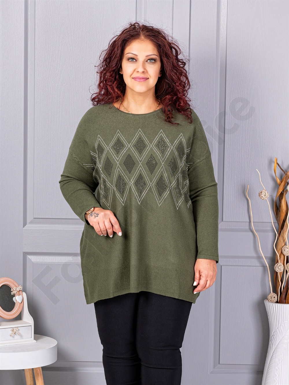 Tunica maxi eleganta din tricotaj finut cu figuri din pietricele-kaki cod 2057-3