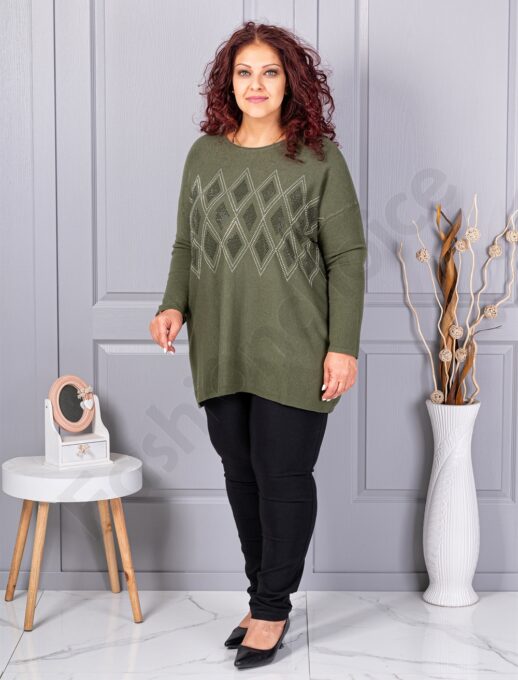 Tunica maxi eleganta din tricotaj finut cu figuri din pietricele-kaki cod 2057-3