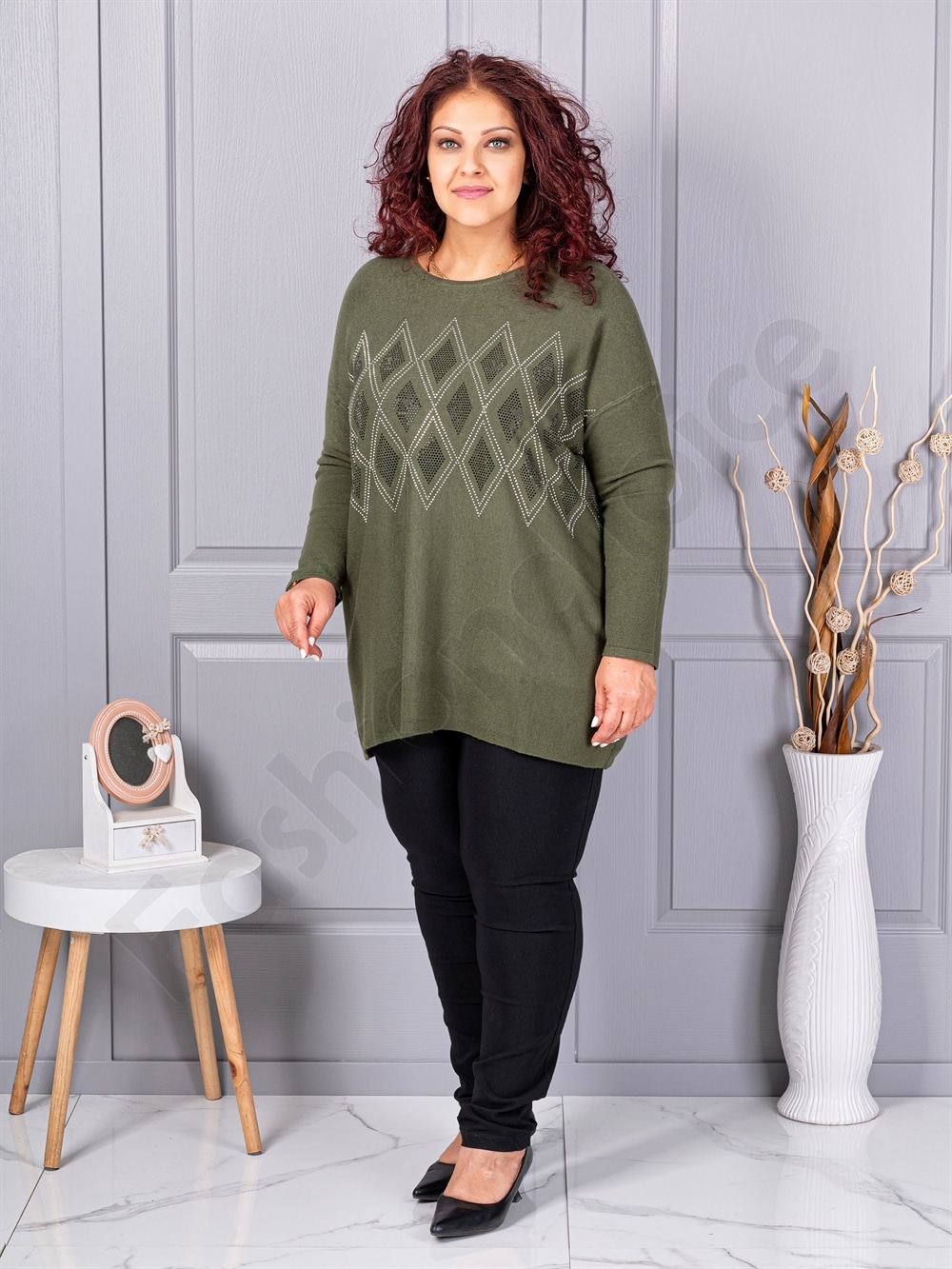 Tunica maxi eleganta din tricotaj finut cu figuri din pietricele-kaki cod 2057-3