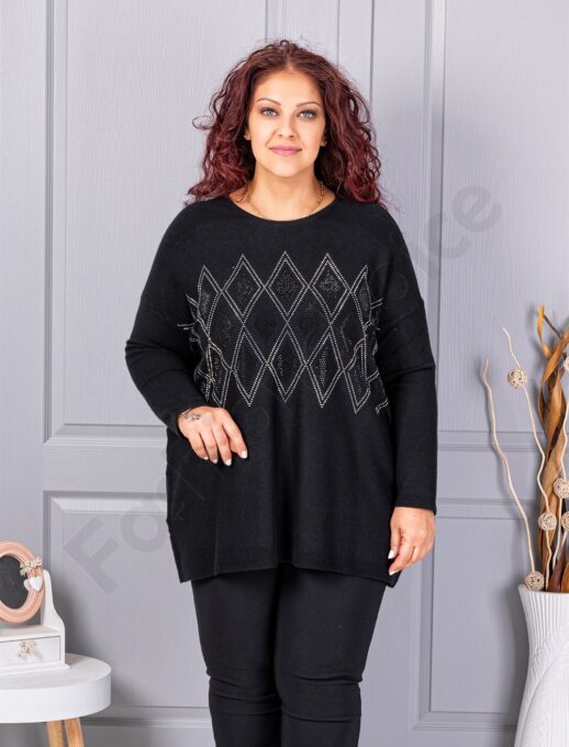 Tunica maxi eleganta din tricotaj finut cu figuri din pietricele-negru cod 2057