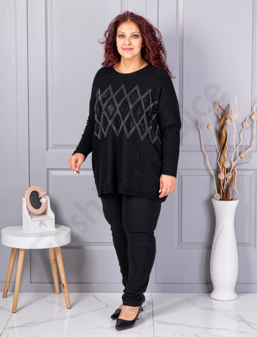 Tunica maxi eleganta din tricotaj finut cu figuri din pietricele-negru cod 2057