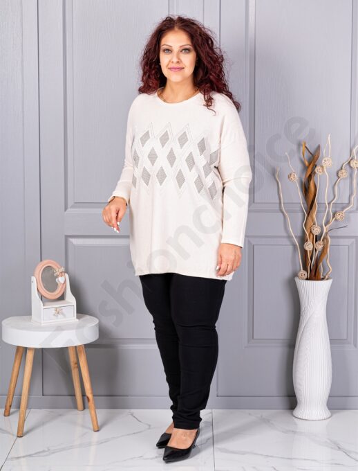Tunica maxi eleganta din tricotaj finut cu figuri din pietricele-ecru cod 2057-2