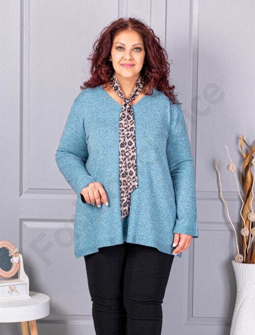 Tunica maxi din tricotaj finut cu decolteu in forma V+cadou esarfa-albastru deschis cod 225-5