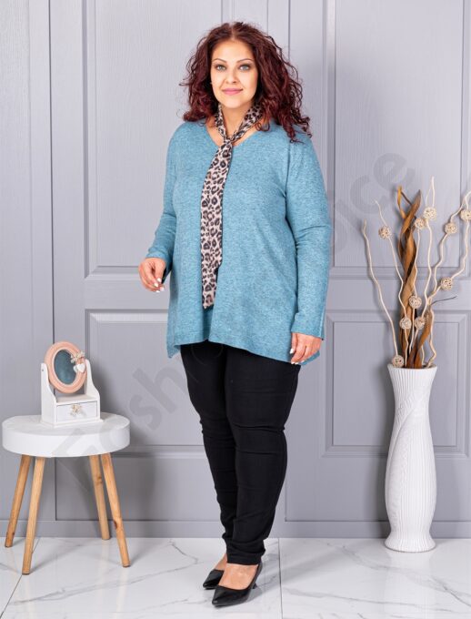 Tunica maxi din tricotaj finut cu decolteu in forma V+cadou esarfa-albastru deschis cod 225-5