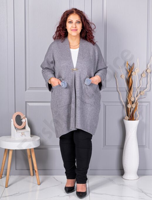 Cardigan maxi elegant din tricotaj finut cu brosa aurie-gri cod G92-3