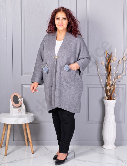 Cardigan maxi elegant din tricotaj finut cu brosa aurie-gri cod G92-3