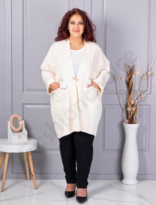 Cardigan maxi elegant din tricotaj finut cu brosa aurie-ecru cod G92-4
