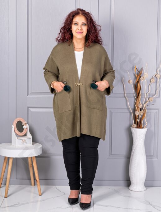 Cardigan maxi elegant din tricotaj finut cu brosa aurie-kaki cod G92-2