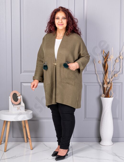 Cardigan maxi elegant din tricotaj finut cu brosa aurie-kaki cod G92-2