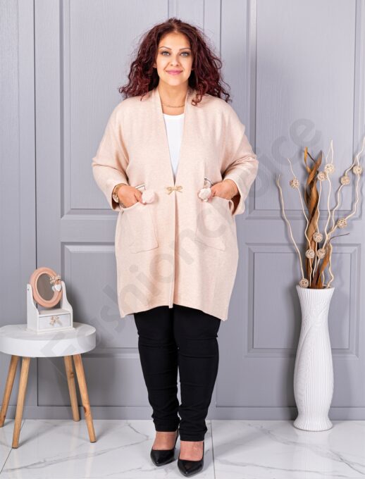 Cardigan maxi elegant din tricotaj finut cu brosa aurie-capucino cod G92-5