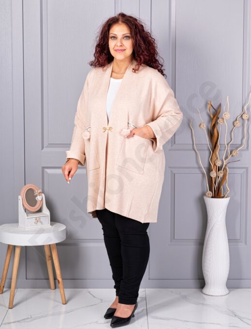 Cardigan maxi elegant din tricotaj finut cu brosa aurie-capucino cod G92-5