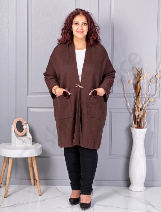 Cardigan maxi elegant din tricotaj finut cu brosa aurie-ciocolata cod G92-1