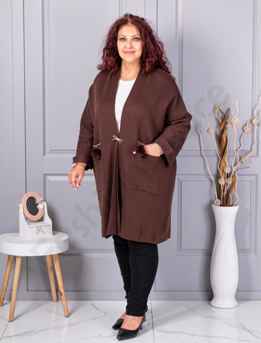 Cardigan maxi elegant din tricotaj finut cu brosa aurie-ciocolata cod G92-1