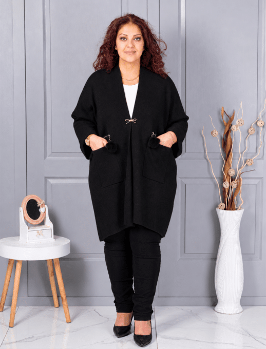 Cardigan maxi elegant din tricotaj finut cu brosa aurie-negru cod G92
