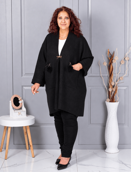Cardigan maxi elegant din tricotaj finut cu brosa aurie-negru cod G92