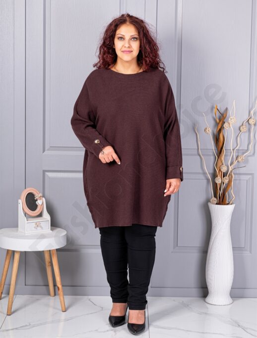 Tunica maxi din tricotaj finut cu linie alungita si accent la manseta-ciocolata cod 7577-1