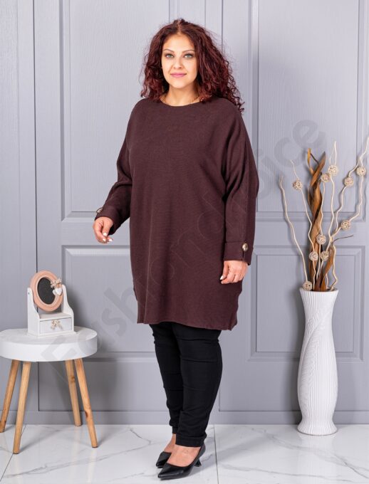 Tunica maxi din tricotaj finut cu linie alungita si accent la manseta-ciocolata cod 7577-1