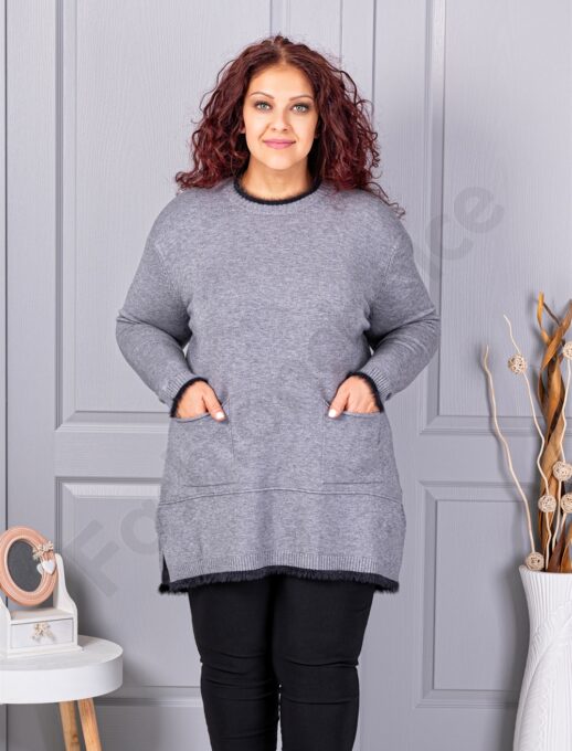 Tunica maxi eleganta din tricotaj finut cu buzunare-gri cod 86831-5