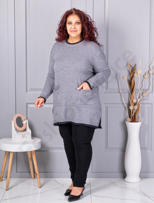 Tunica maxi eleganta din tricotaj finut cu buzunare-gri cod 86831-5