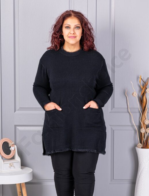 Tunica maxi eleganta din tricotaj finut cu buzunare-negru cod 86831