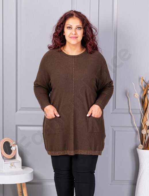 Tunica maxi eleganta din tricotaj finut cu bordura stralucitoare-cafea cod 2037-1