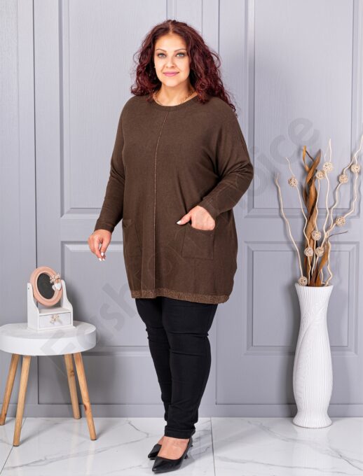 Tunica maxi eleganta din tricotaj finut cu bordura stralucitoare-cafea cod 2037-1