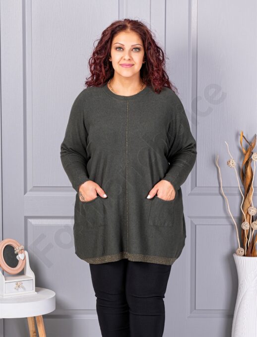 Tunica maxi eleganta din tricotaj finut cu bordura stralucitoare-kaki cod 2037-4