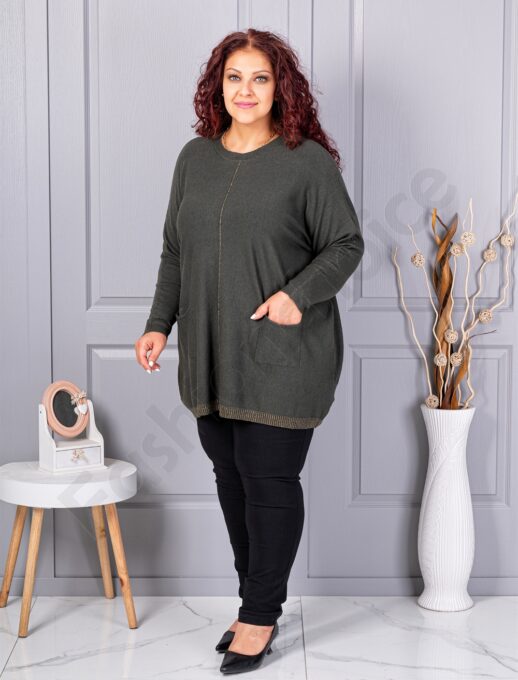 Tunica maxi eleganta din tricotaj finut cu bordura stralucitoare-kaki cod 2037-4