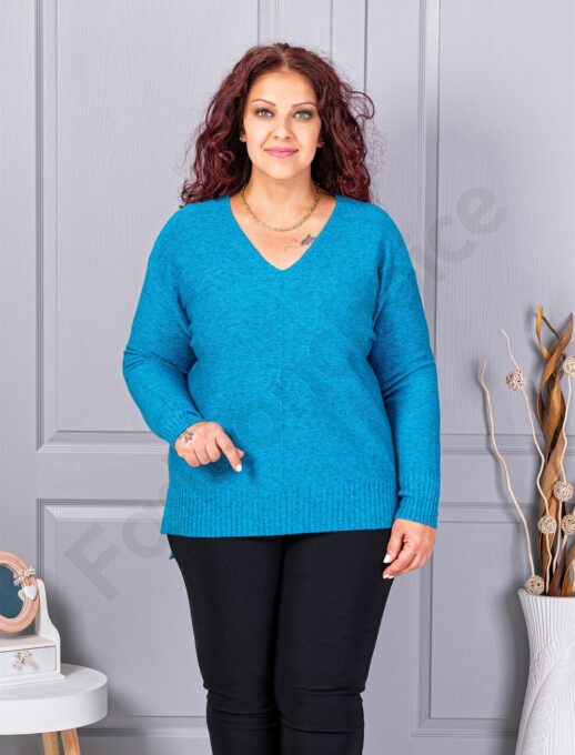 Bluza maxi din tricotaj finut cu decolteu in forma V si lame discret-albastru cod 221-4