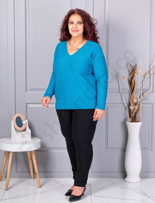 Bluza maxi din tricotaj finut cu decolteu in forma V si lame discret-albastru cod 221-4