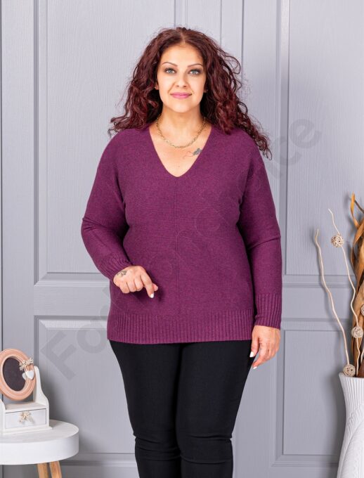 Bluza maxi din tricotaj finut cu decolteu in forma V si lame discret-mov cod 221-1